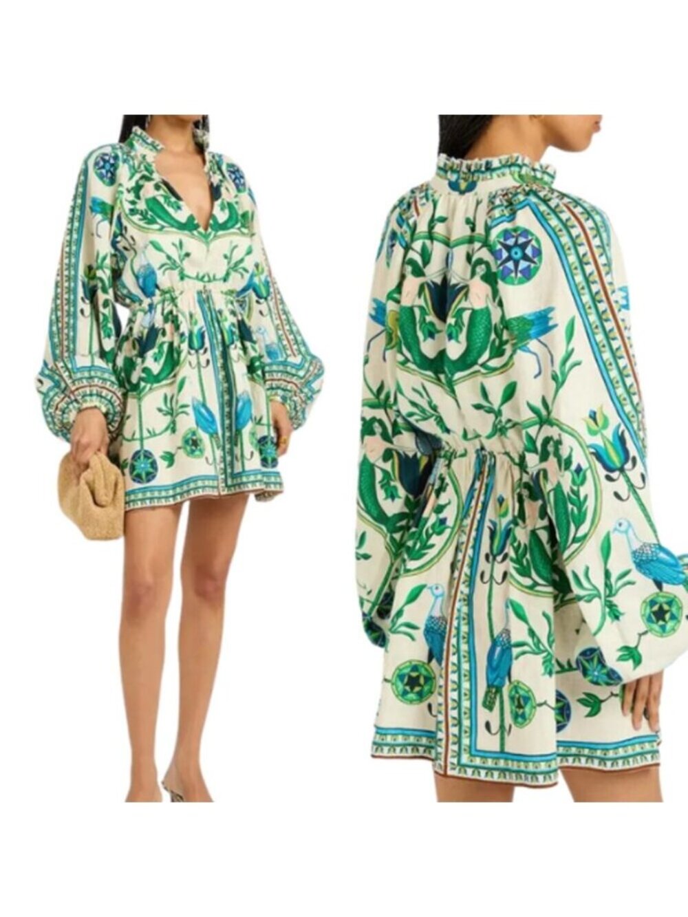 NWT Lug Von Siga Selene Printed Linen V Neck Mini Dress Off White Green Size: 8